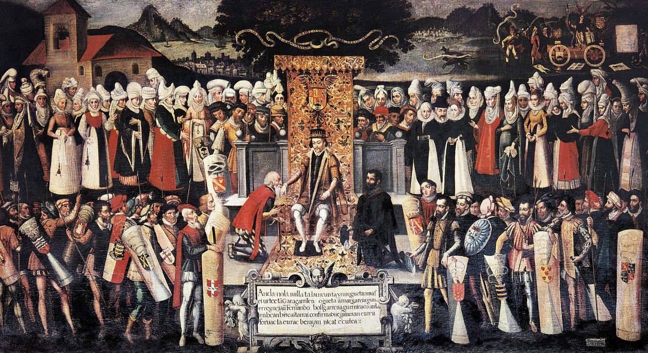 Ceremoni för handkyssning (handkyssning) efter deklarationen om privilegier av kung Ferdinand den katolske (1452-1516). Målning av Francisco de mendieta Y Retes (1500-talet). Spanien, Guernica. Juntas hus. av Francisco de Mendieta y Retes