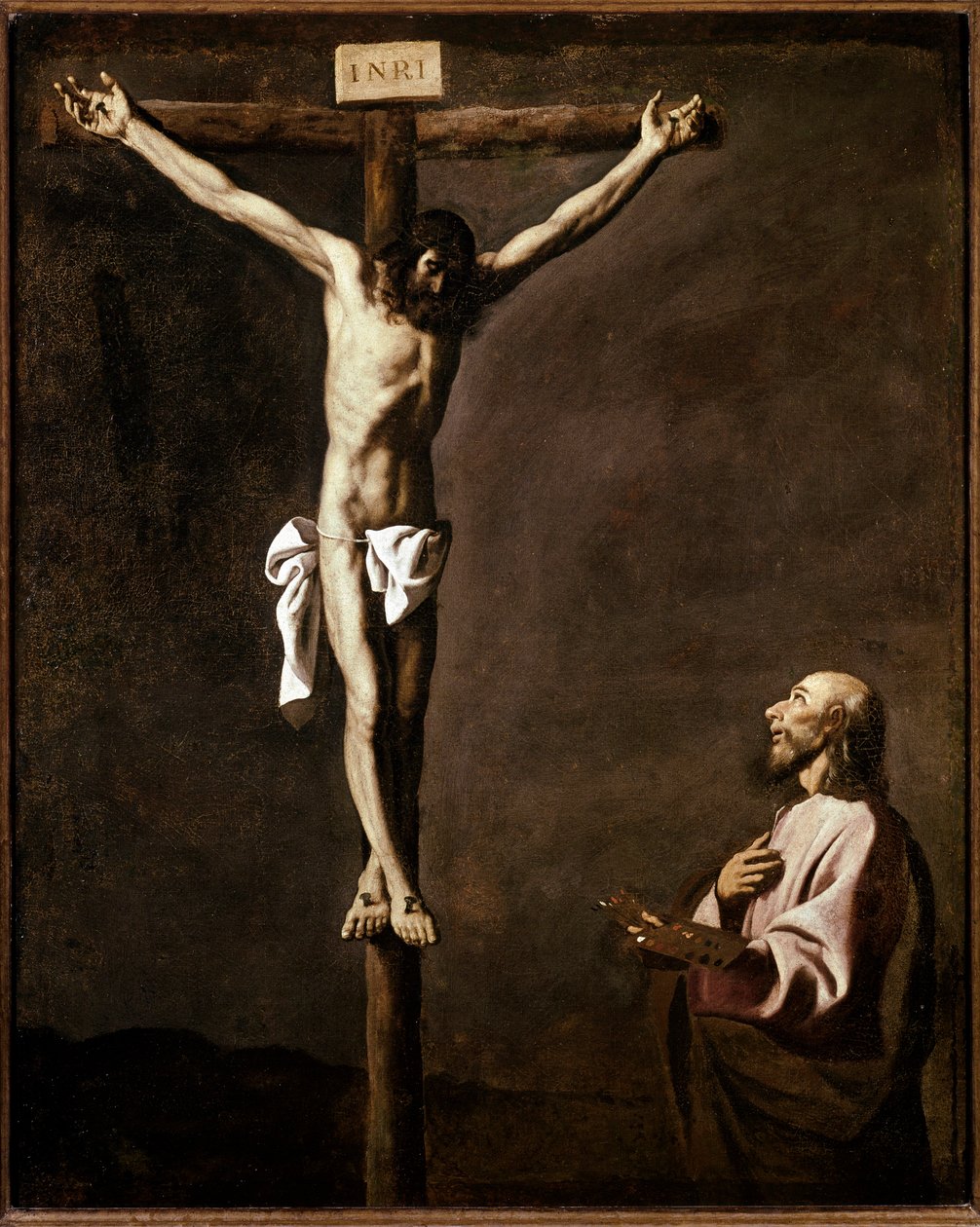 Korsfästelse och målare Självporträtt av konstnären i rollen som Sankt Lukas vid korsets fot. Målning av Francisco de Zurbaran (1598-1664) 1635-1640 Dim. 105x84 cm Madrid, Pradomuseet av Francisco de Zurbaran