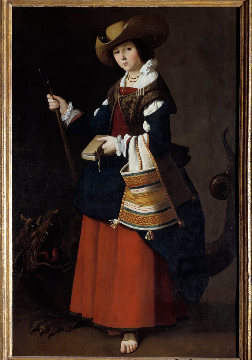 Stående porträtt av Saint Margaret of Antioch of Pisidia eller Saint Marine Målning av Francisco de Zurbaran (1598-1664) 1630 Sön. 1,63 X 1,05 m London, National Gallery - Hellängdsporträtt av Johannes Döparen. Margareta av Antiochia (av Pisidia) eller Sai av Francisco de Zurbaran
