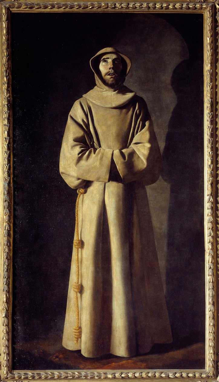 Porträtt av Saint Francois av Assisi: Helgonet är representerat i extas, Han bär en kassock med, som ett bälte, ett rep med knutar. Målning av Francisco de Zurbaran (1598-1664) av Francisco de Zurbaran