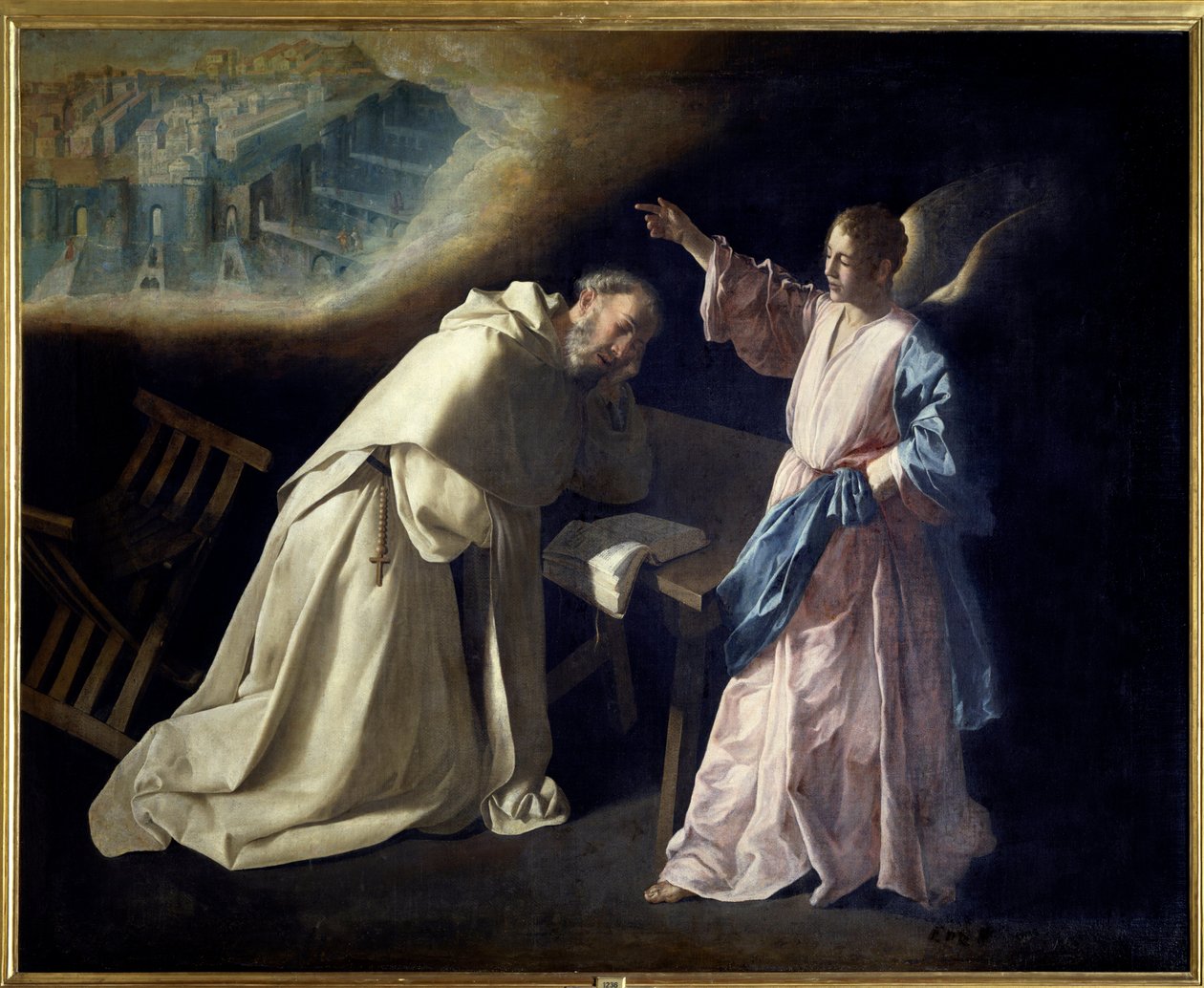 Sankt Peter Nolasques vision (1189-1256) Efter att ha haft en vision av Jungfrun 1218 grundade prästen Order of Our Lady of Mercy. Han är en representant med en ängel som visar honom det himmelska Jerusalem. Målning av Francisco de Zurbaran (1598 av Francisco de Zurbaran