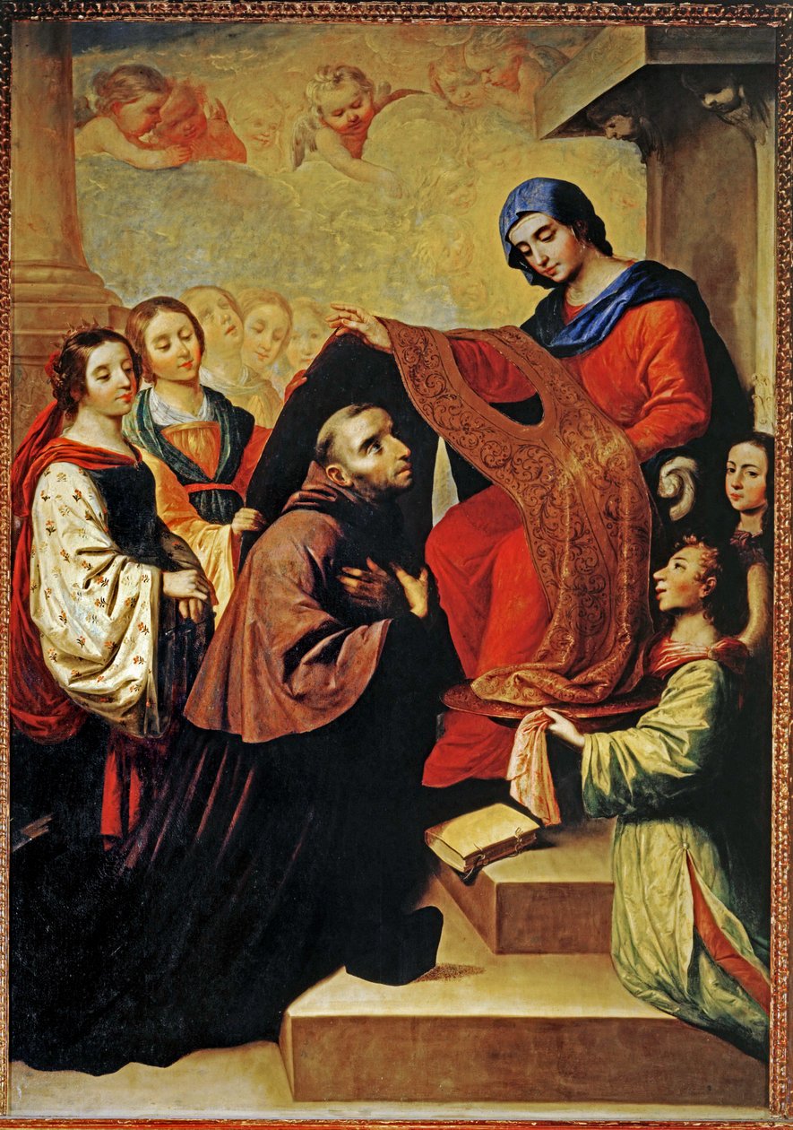 Jungfru Marias nedstigning för att belöna skrivandet av Saint Ildefonso av Toledo ... (målning på duk) av Francisco de Zurbaran