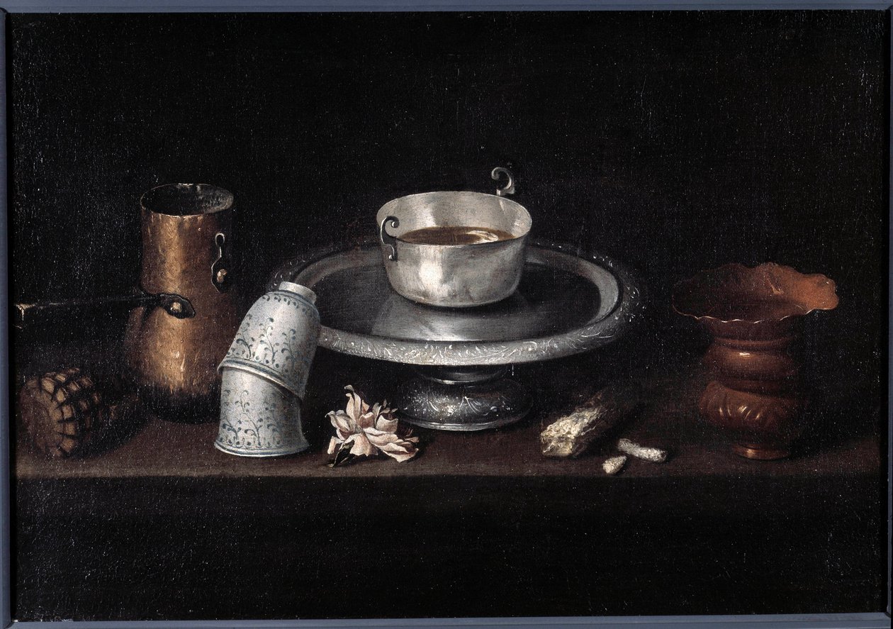 Stilleben choklad frukost av choklad kopp, koppar. Målning av Francisco de Zurbaran (1598-1664). 1600-talets Besançon, Museum of Fine Arts av Francisco de Zurbaran