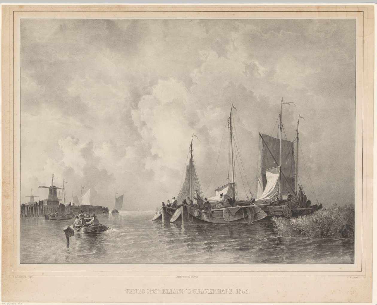 Hamn med båtar Utställning Haag 1845 (titel på objekt) av Franciscus Bernardus Waanders