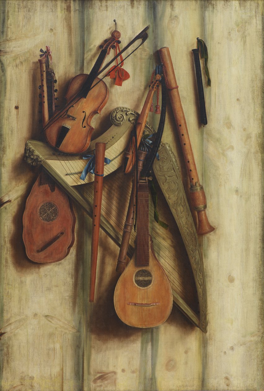 Brädpartition med musikinstrument. Trompe l