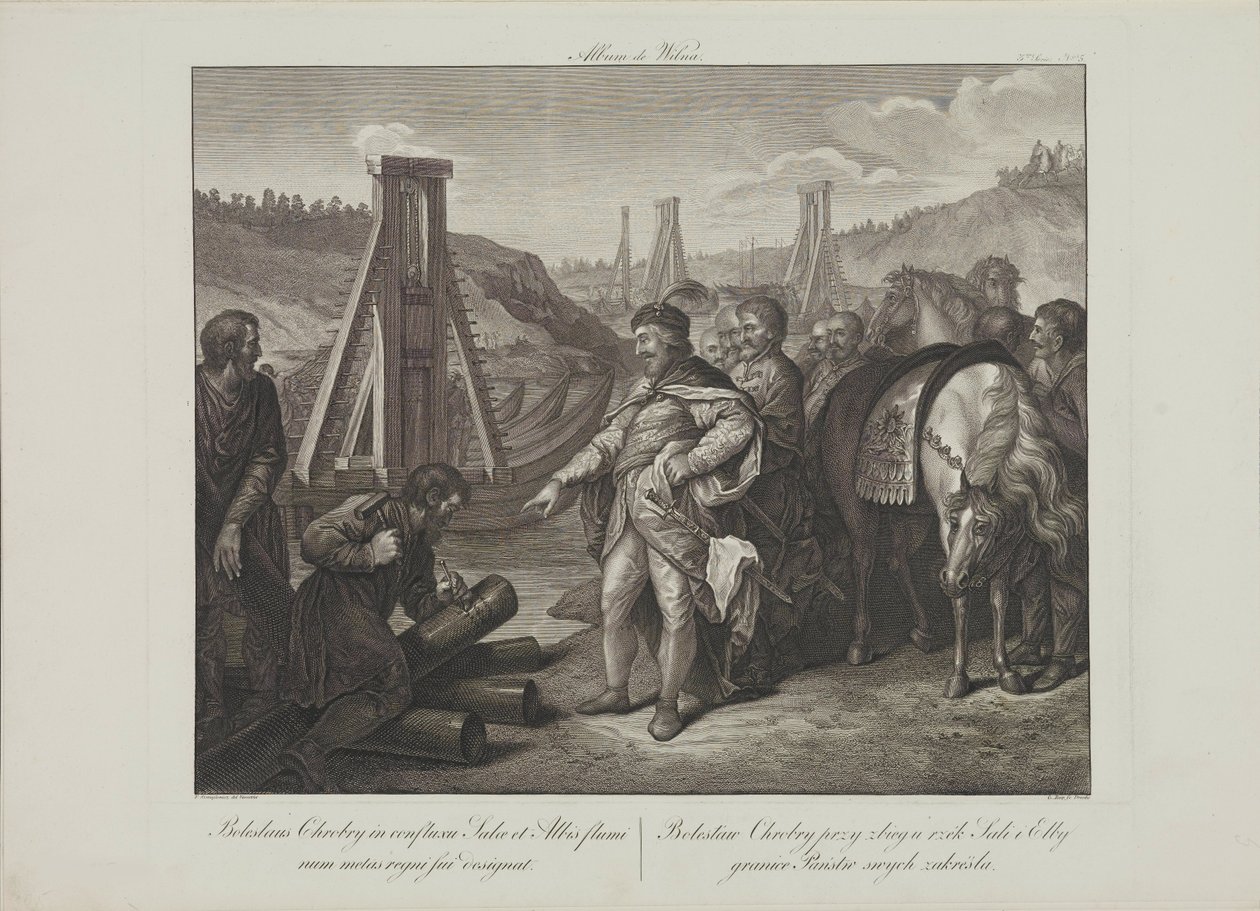 Boleslaw I av Polen sticker gränsstolpar i floderna Elbe och Saale av Smuglewicz, Franciszek (1745-1807). Litografi, sent 1700-tal. Privat samling av Franciszek Smuglewicz