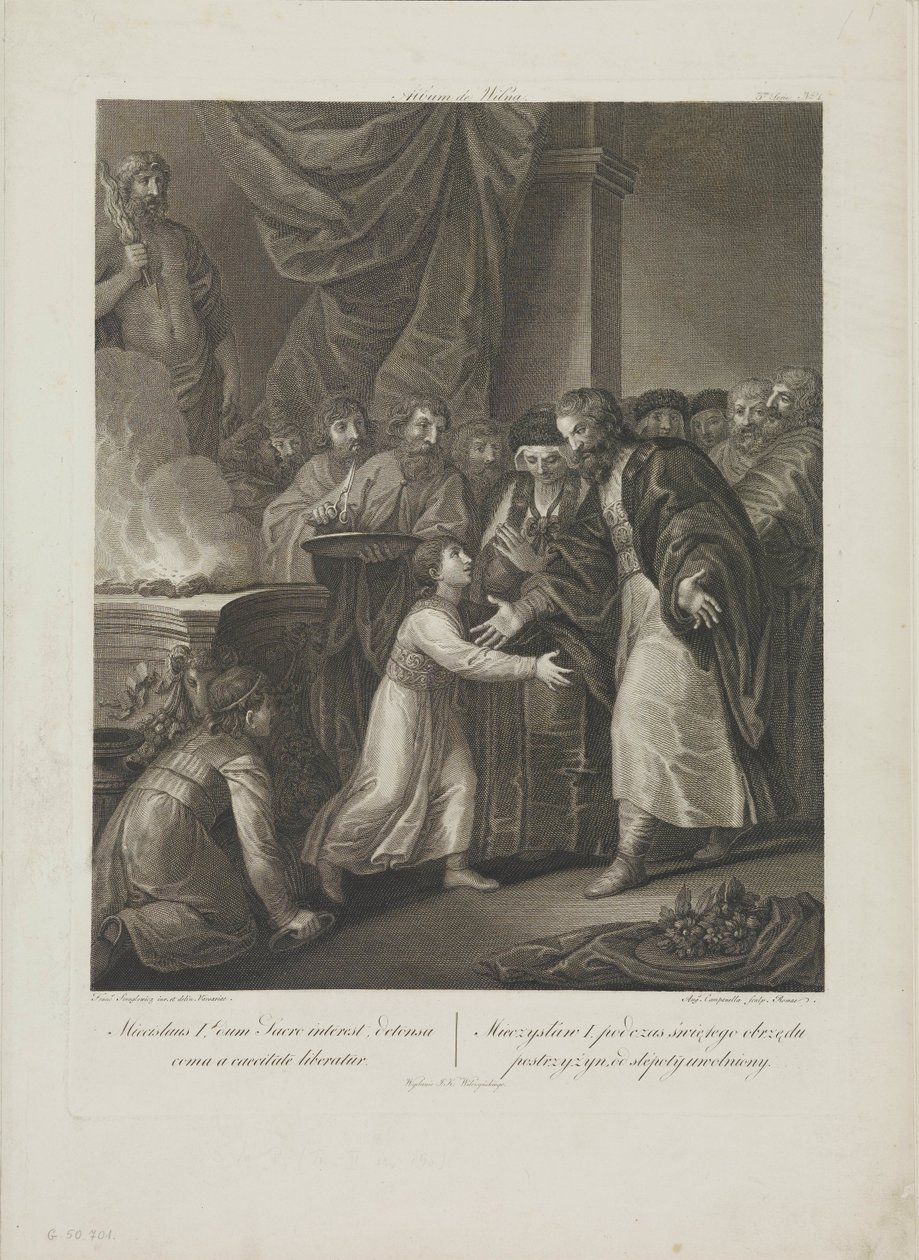 Mieszko I av Polen tar emot tonsuren av Smuglewicz, Franciszek (1745-1807). Litografi, sent 1700-tal. Privat samling av Franciszek Smuglewicz