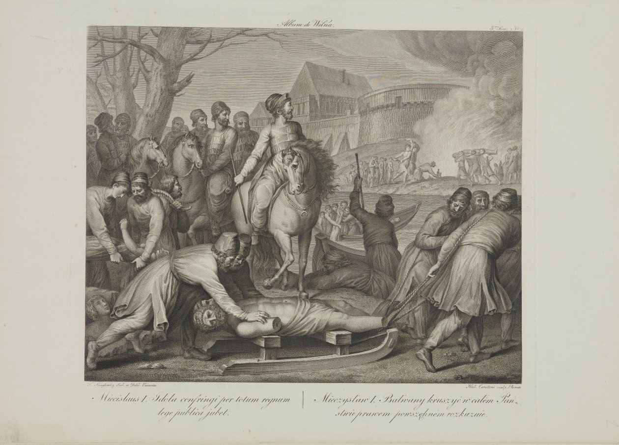 Förstörelsen av hedniska gudar av Mieszko I av Polen av Smuglewicz, Franciszek (1745-1807). Litografi, sent 1700-tal. Privat samling av Franciszek Smuglewicz