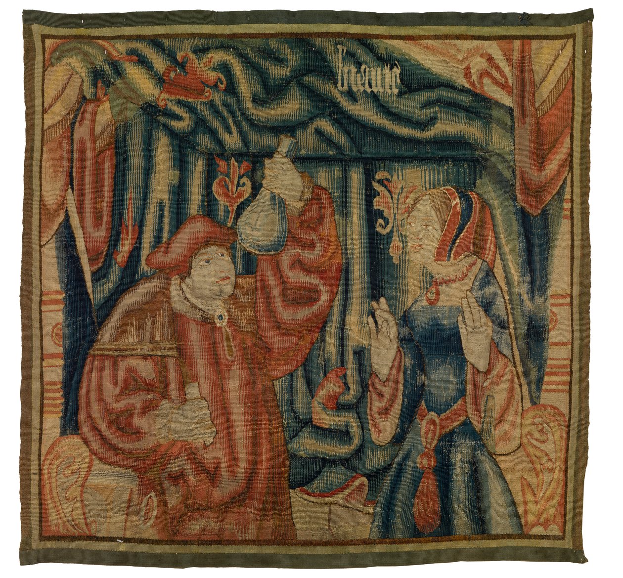 Gobelängfragment föreställande en interiör med läkare och kvinna, Beaute, fransk eller flamländsk, gjord i början av 1500-talet (ull) av Franco Flemish School