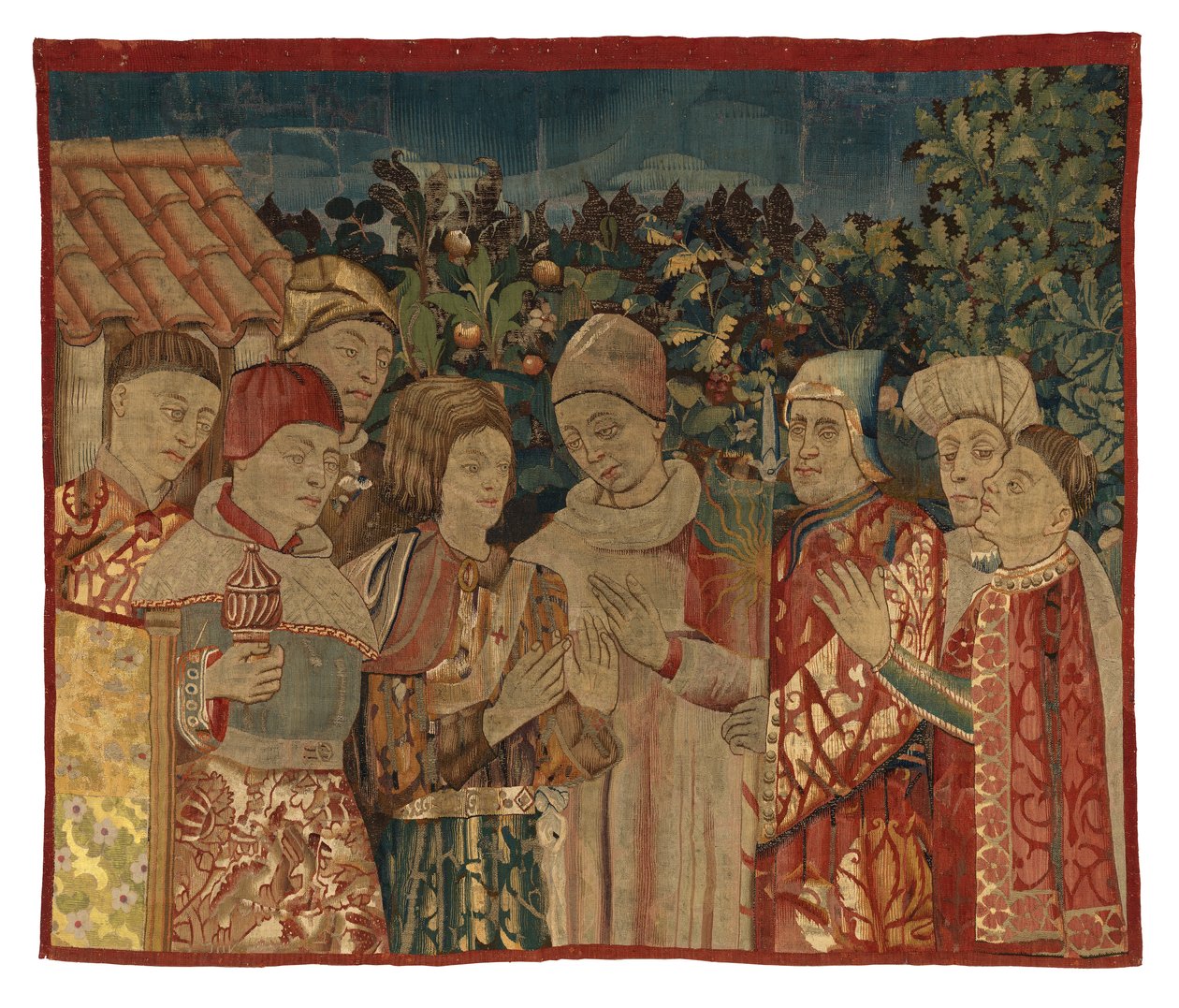Oidentifierat gobelängfragment med åtta figurer, En disputation möjligen, 1400-talets andra hälft (ull) av Franco Flemish School