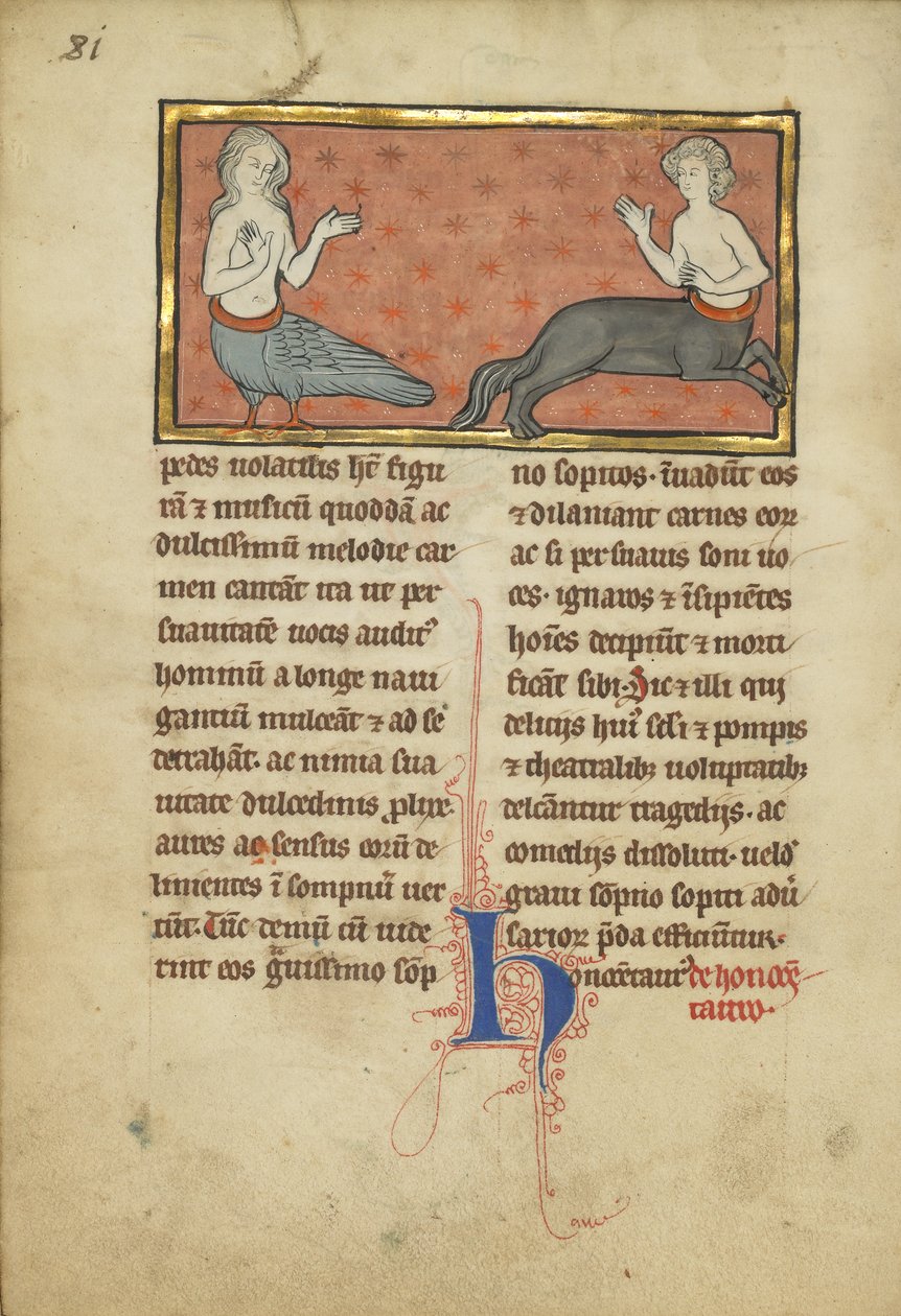 En siren och en kentaur från ett bestiarium Ms Ludwig XV 4, fol. 81v, c.1280-1300 (tempera, penna och bläck, bladguld och färg på pergament) av Franco Flemish School