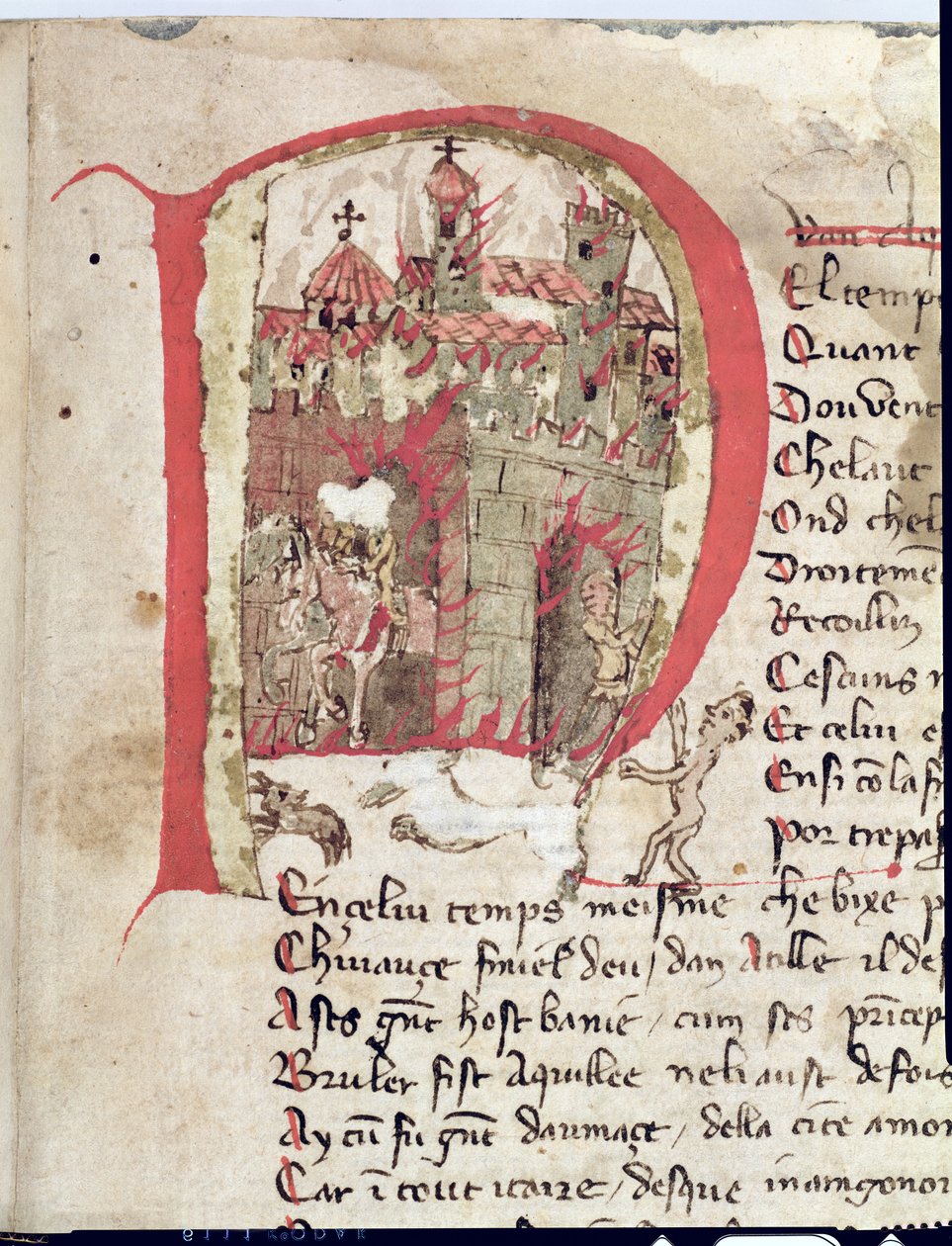 Ms Est 27 W 8.17 f.1r Historikerad initial föreställande Hunnen Attila (ca 406-453) som bränner staden Aquila från Attilakriget av Nicola da Casola av Franco Italian School