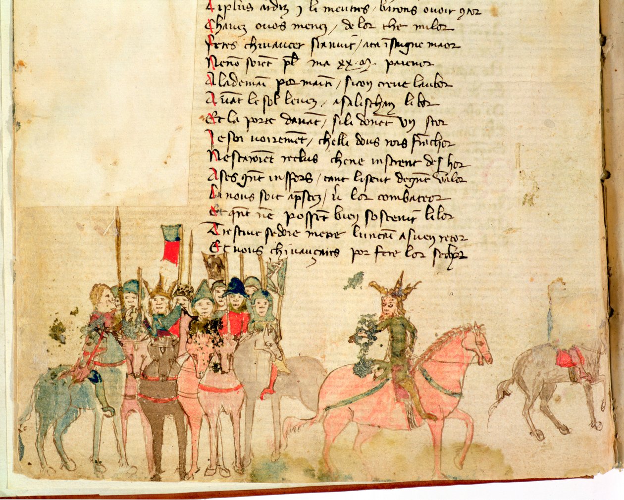 Ms Est 27 W 8.17 f.1v Hunnen Attila (c.406-453) och hans armé till häst, från Attilas krig av Nicola da Casola av Franco Italian School