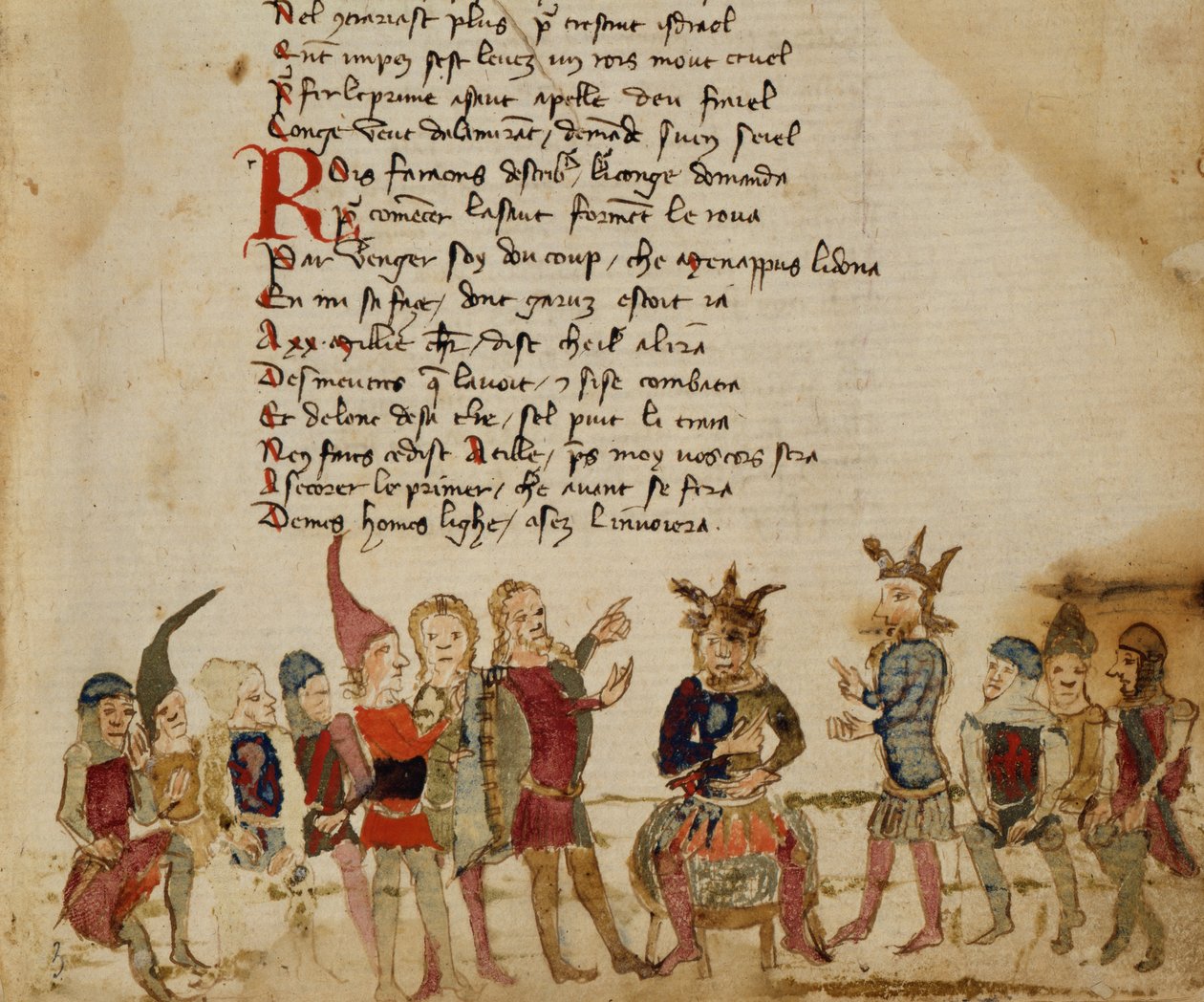 Ms Est 27 W 8.17 f.3r Hunnen Attila (c.406-453) och hans hov, från Attilakriget av Nicola da Casola av Franco Italian School