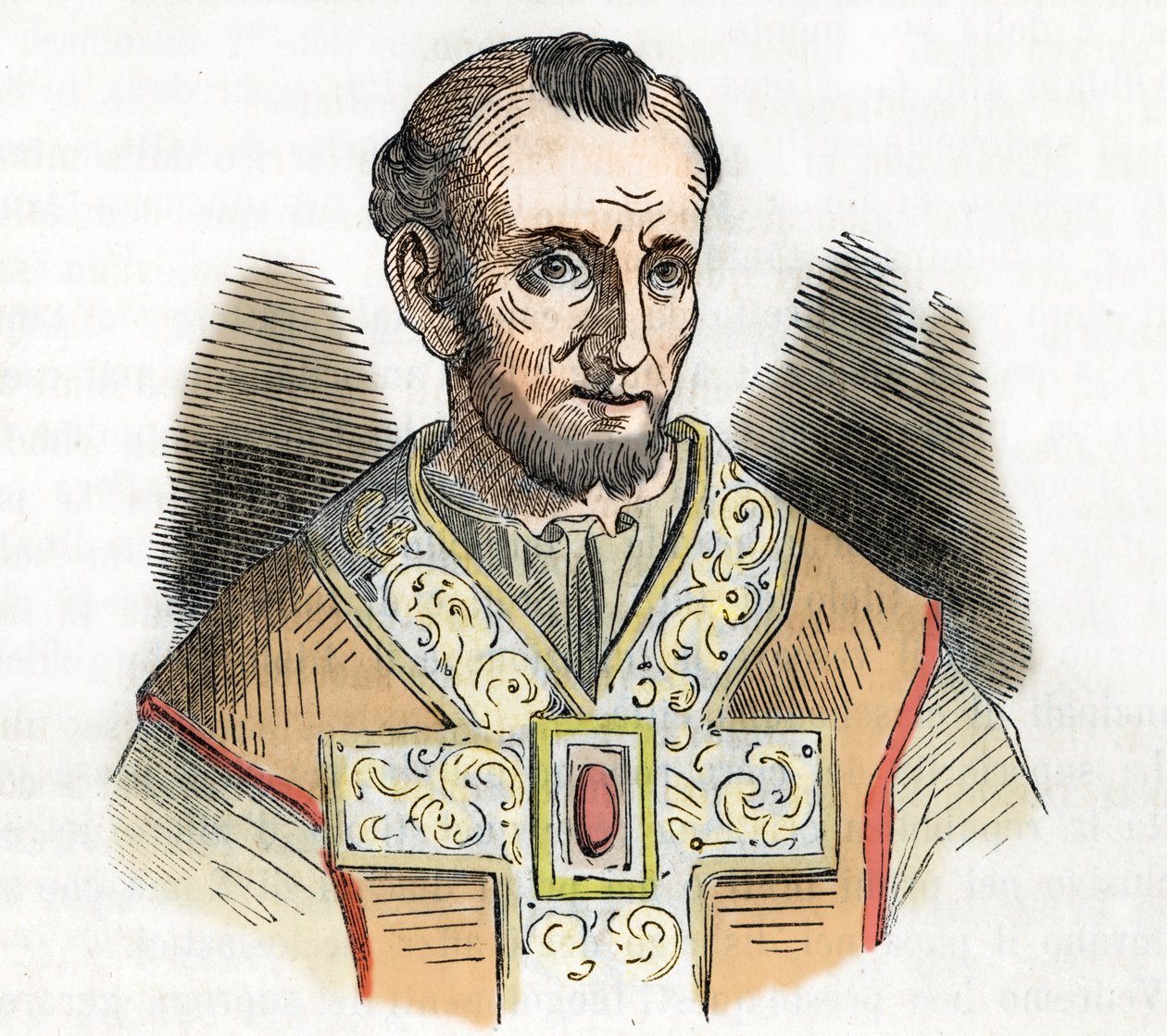Medeltiden: representation av påven Nicholas I den store (Nicola I, Nicholas eller Nicolo eller Niccolo eller Nicolaus) (858-867) teckning från "I misteri del vaticano" av Franco Mistrali 1843 av Franco Mistrali
