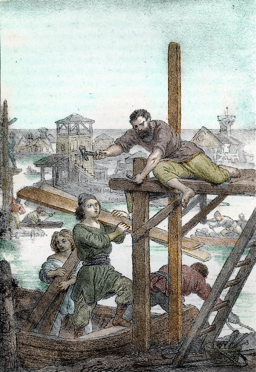 Flyktingar jagade av attilas huns installerar grunden till staden Venedig, 500-talet (Venedigs grund av flyktingarna som jagats bort av barbaren i Attila, 500-talet) Ritning från "I misteri del vaticano" av Franco Mistrali 1846 av Franco Mistrali