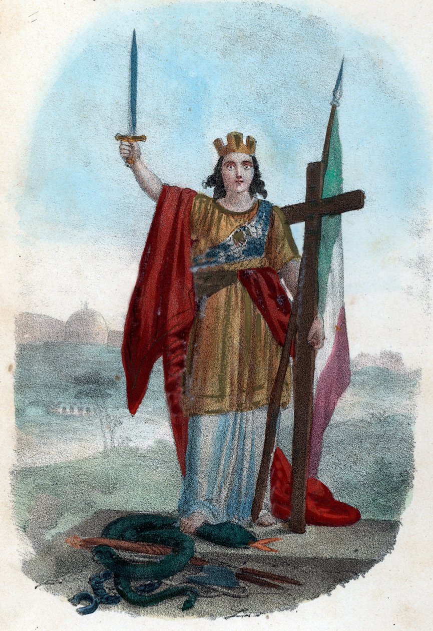 Risorgimento: Allegorisk representation av det triumferande Italien som står på den korrupta kyrkans orm och reser ett svärd med ett kors och en flagga, symboler för politiska, religiösa och civila risorgimento) Frontispice tire de "" I misteri del vatican av Franco Mistrali
