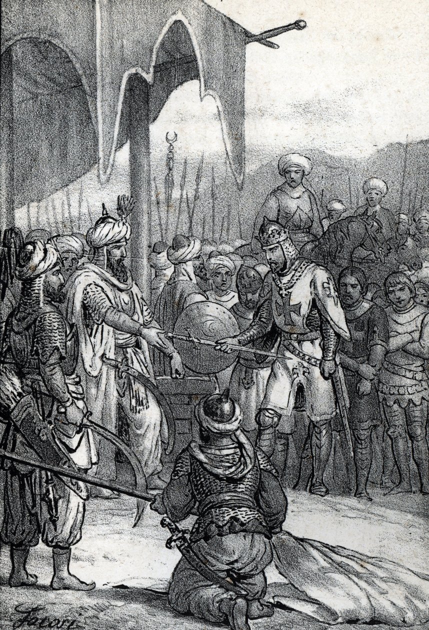 Sjunde korståget: Kung Ludvig IX togs till fånga i slaget vid Fariskur den 6 april 1250 (Sjunde korståget: Kung Ludvig IX fånge vid slaget vid Fariskur, 6 april 1250) Ritning från "Misteri del Vaticano" av Franco Mistrali av Franco Mistrali