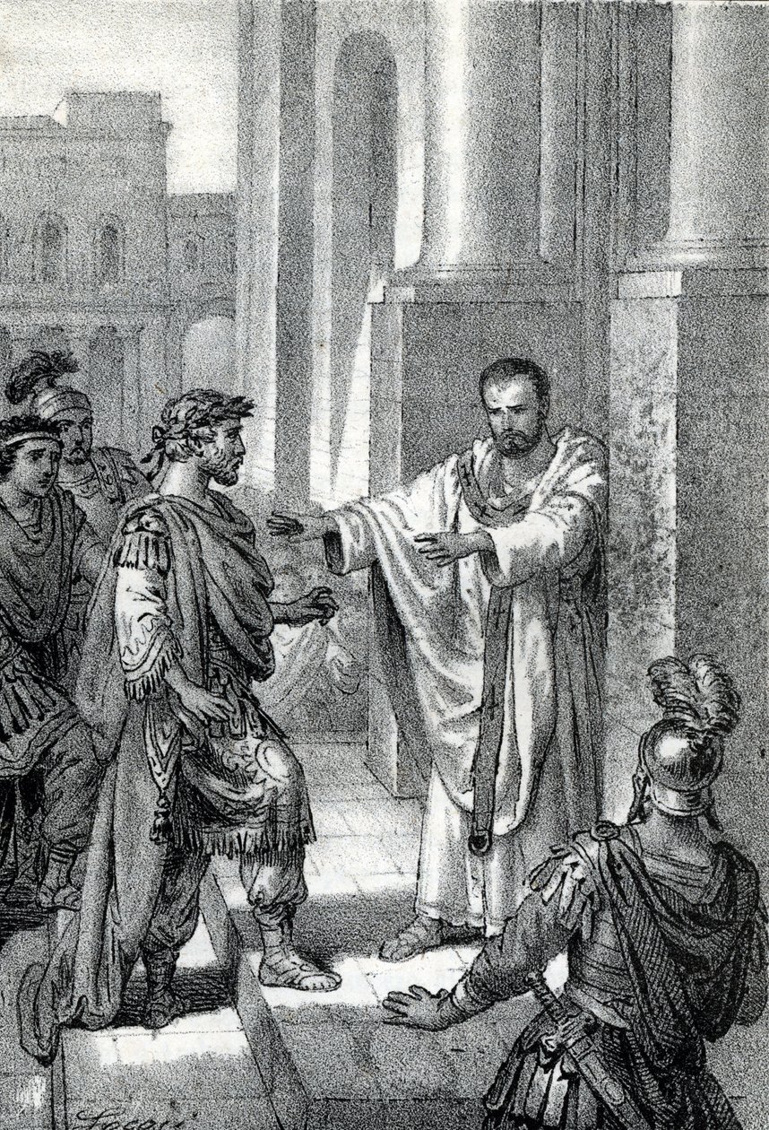 Ärkebiskopen Sankt Ambrosius av Milano (Aurelius Ambrosius, Ambrogio di Milano (340-397) förbjöd inträde av kyrkan till den romerske kejsaren Theodosius I (Flavius Theodosius) (347-395) för att straffa honom för massakern i Thessalonika 390 - Excommunicati av Franco Mistrali