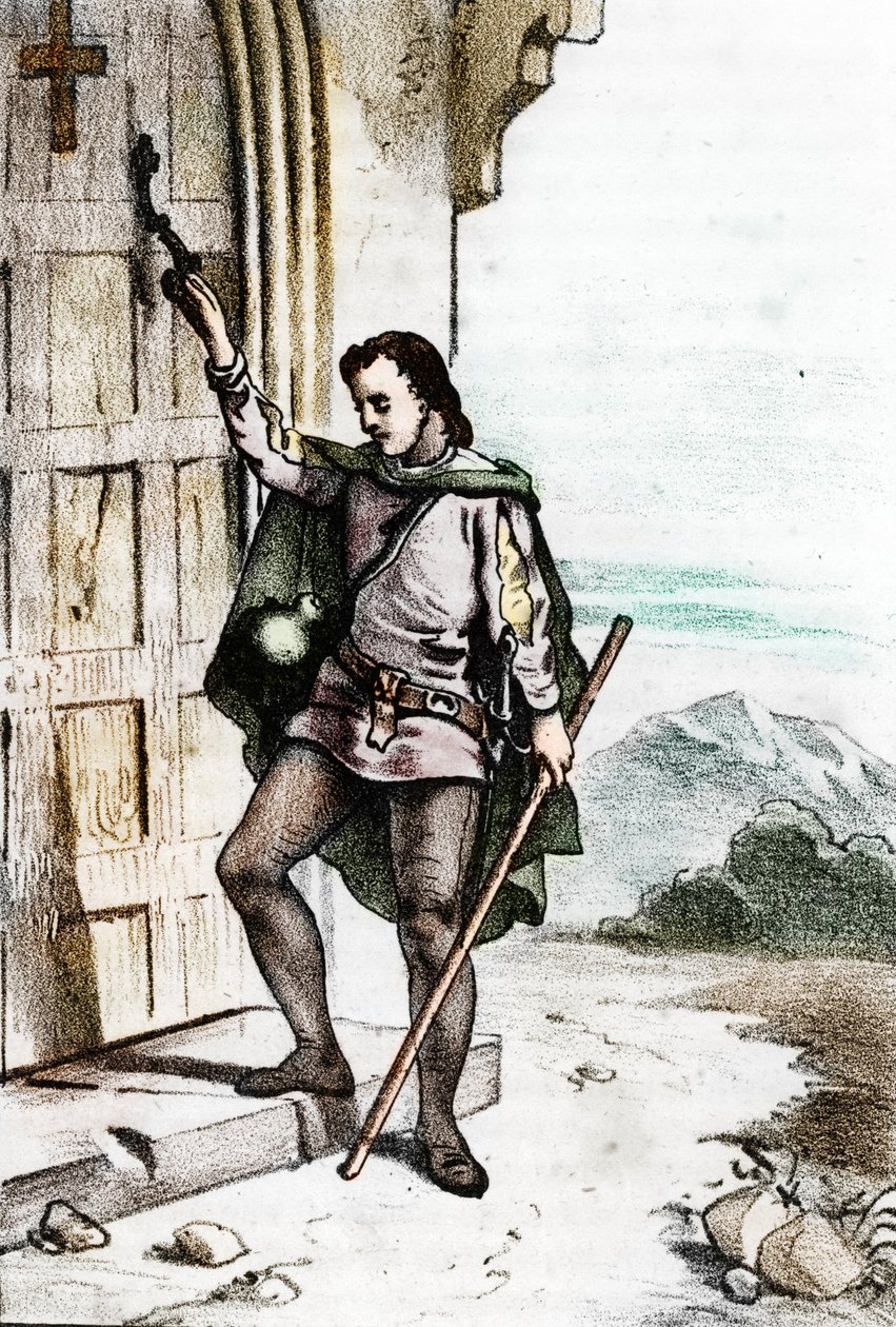 Den unge Jerome Savonarole (Girolamo Savonarola) (1452-1498) knackade på dörren till det dominikanska klostret Santo Domenico i Bologna 1475 (Girolamo Savonarola som ung man knackade på dörren till klostret San Domenico, av Orden av San Domenico). Bröder av Franco Mistrali