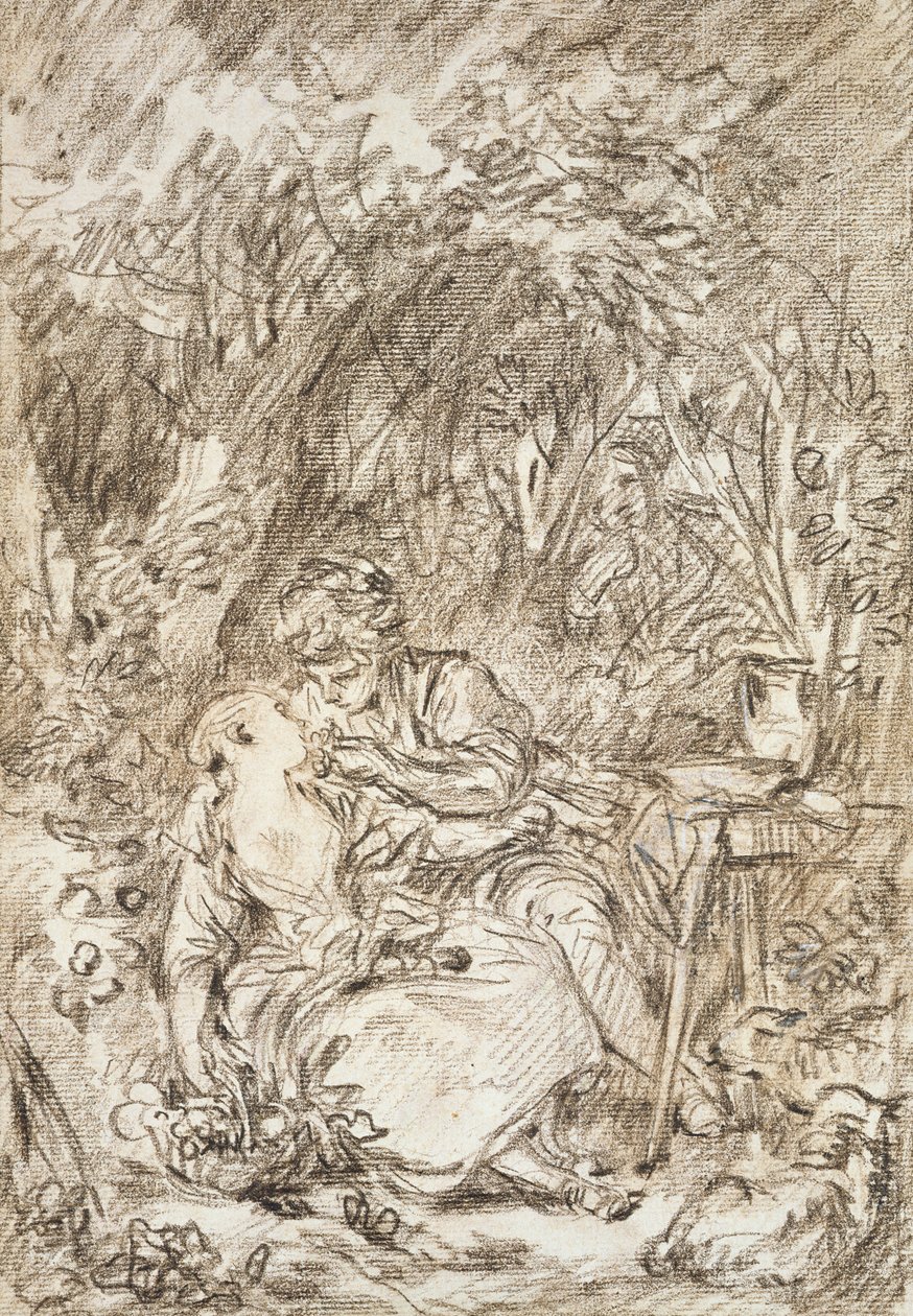 Ett par som omfamnar varandra - Annette och Lubin (rödkrita på papper) av François Boucher