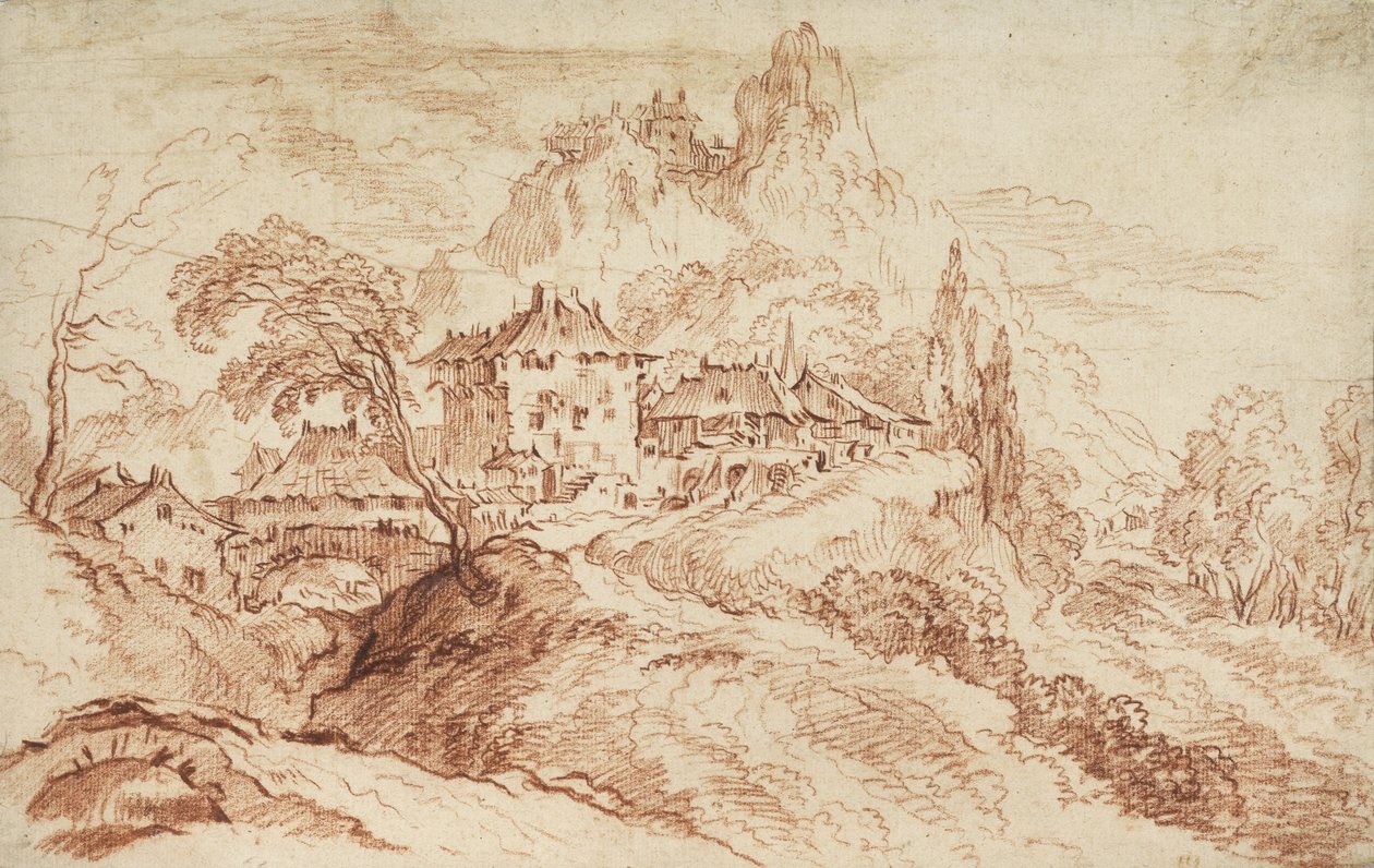 En italiensk by i ett bergslandskap (rödkrita på papper) av François Boucher