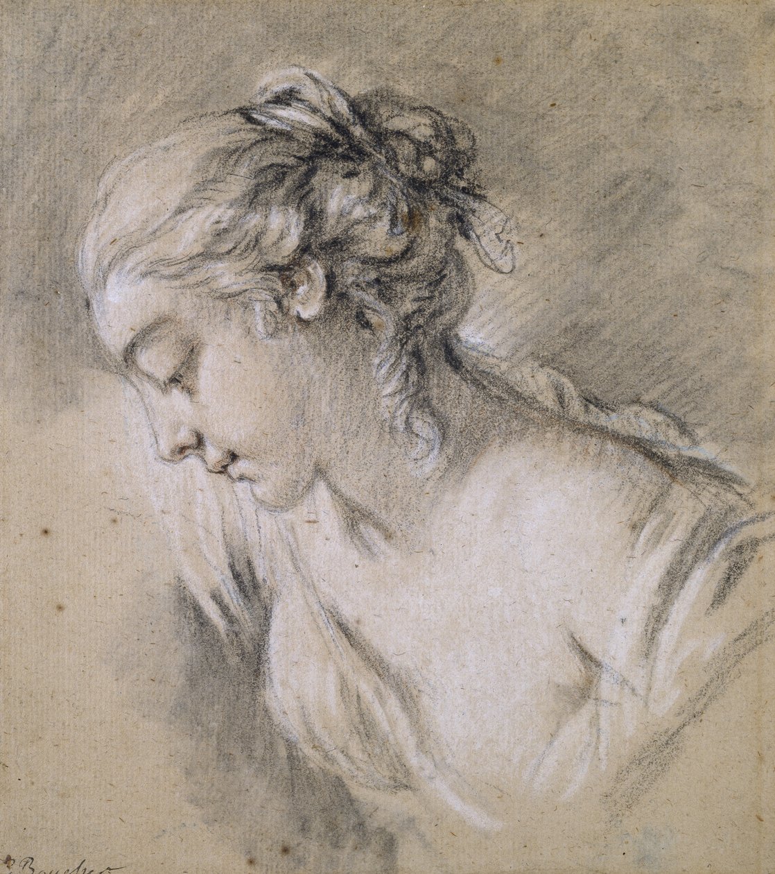 Flickbust i profil till vänster (krita på papper) av François Boucher
