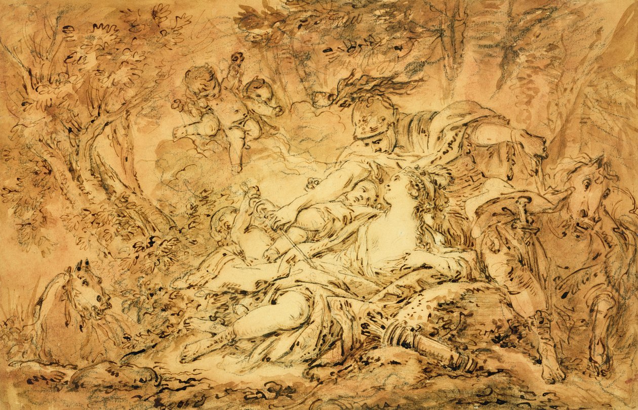 Rinaldo och Armida (penna och brunt bläck, brunt och rosa tvätta över svart krita på papper) av François Boucher