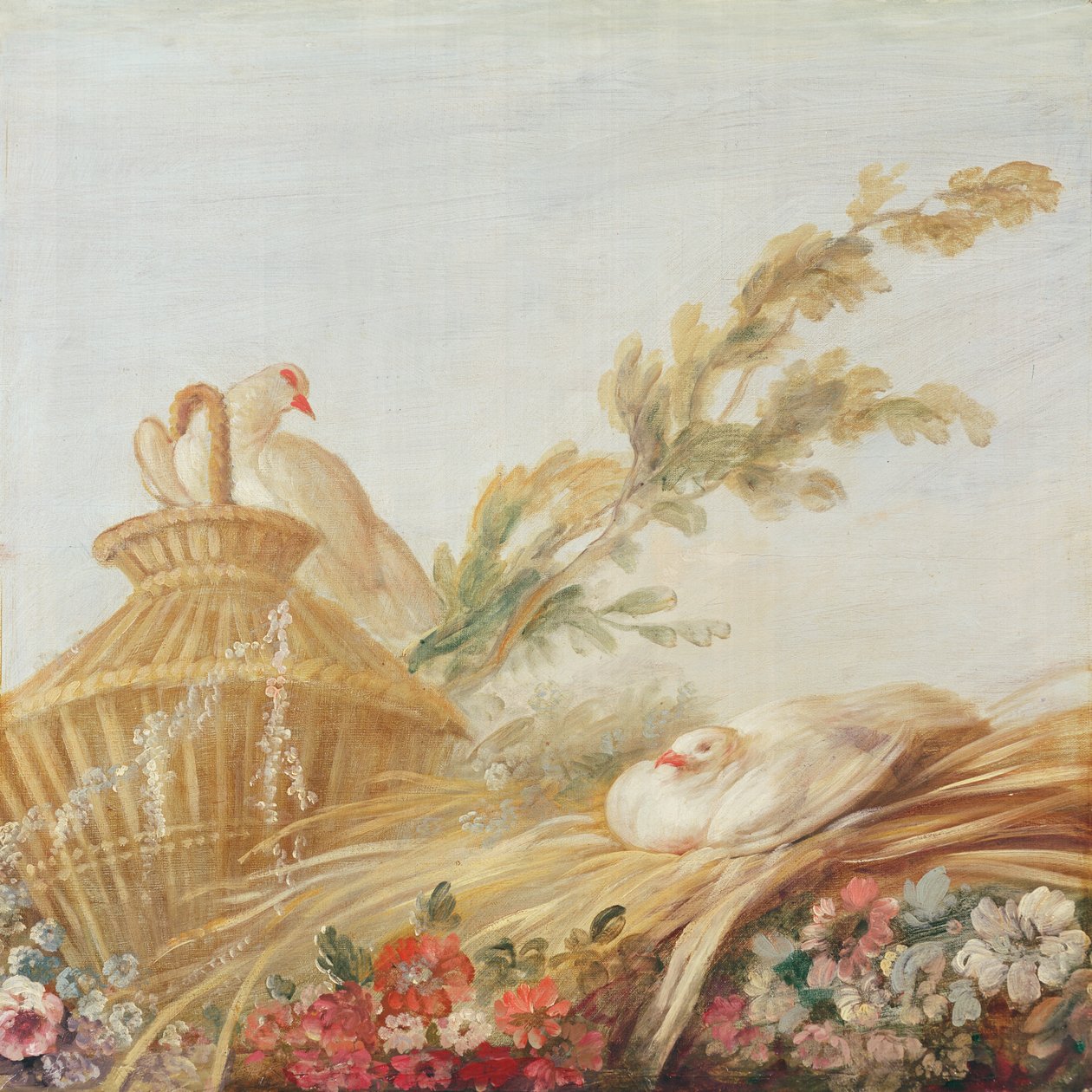 Tryckaren Gilles Demarteaus salong, ovanför dörren; duvor som satt sina ägg i höet, 1750-65 av François Boucher
