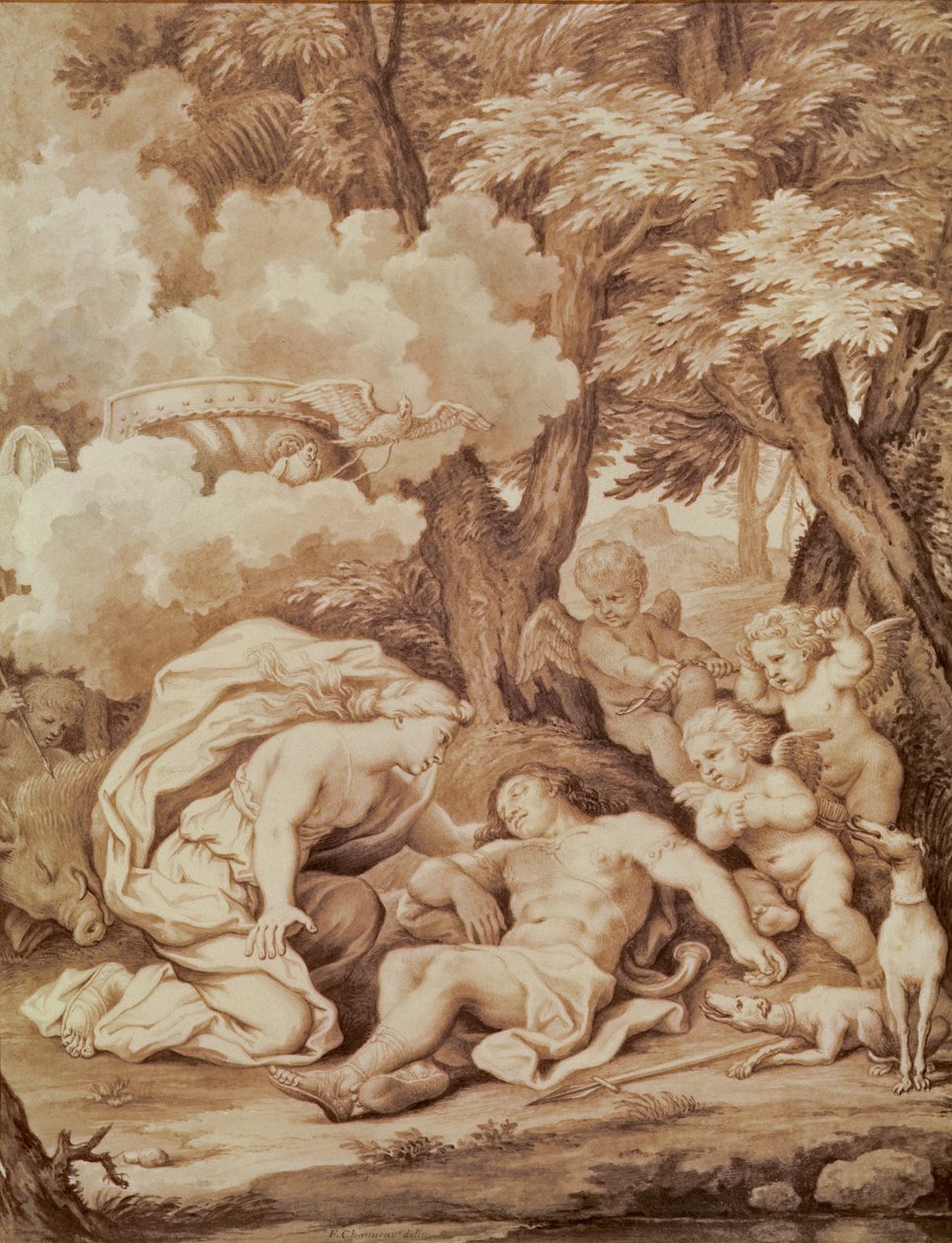 Venus Discovering Adonis, från "Adonis" av Jean de La Fontaine (1621-95) av Francois Chauveau