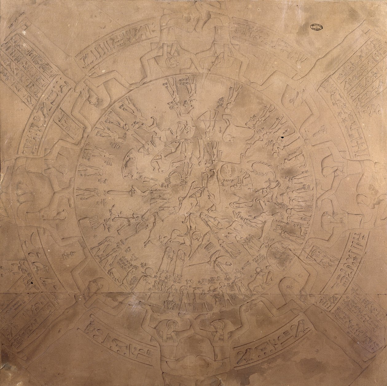 Astrologisk planisfär av Zodiaken i Dendera, från taket i kapellet vid Temple of Hathor, Dendera, Egypten, 1822 (penna, penna & wc på papper) av Francois Chretien Gau