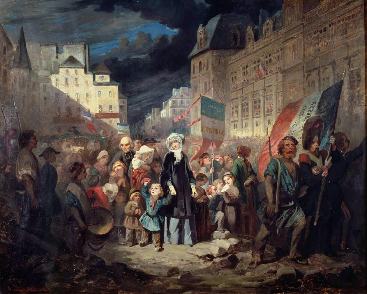 Madame Lamartine adopterar barn till patrioter som dödades vid barrikaderna i Paris under revolutionen 1848, 1848 av Francois Claudius Compte Calix