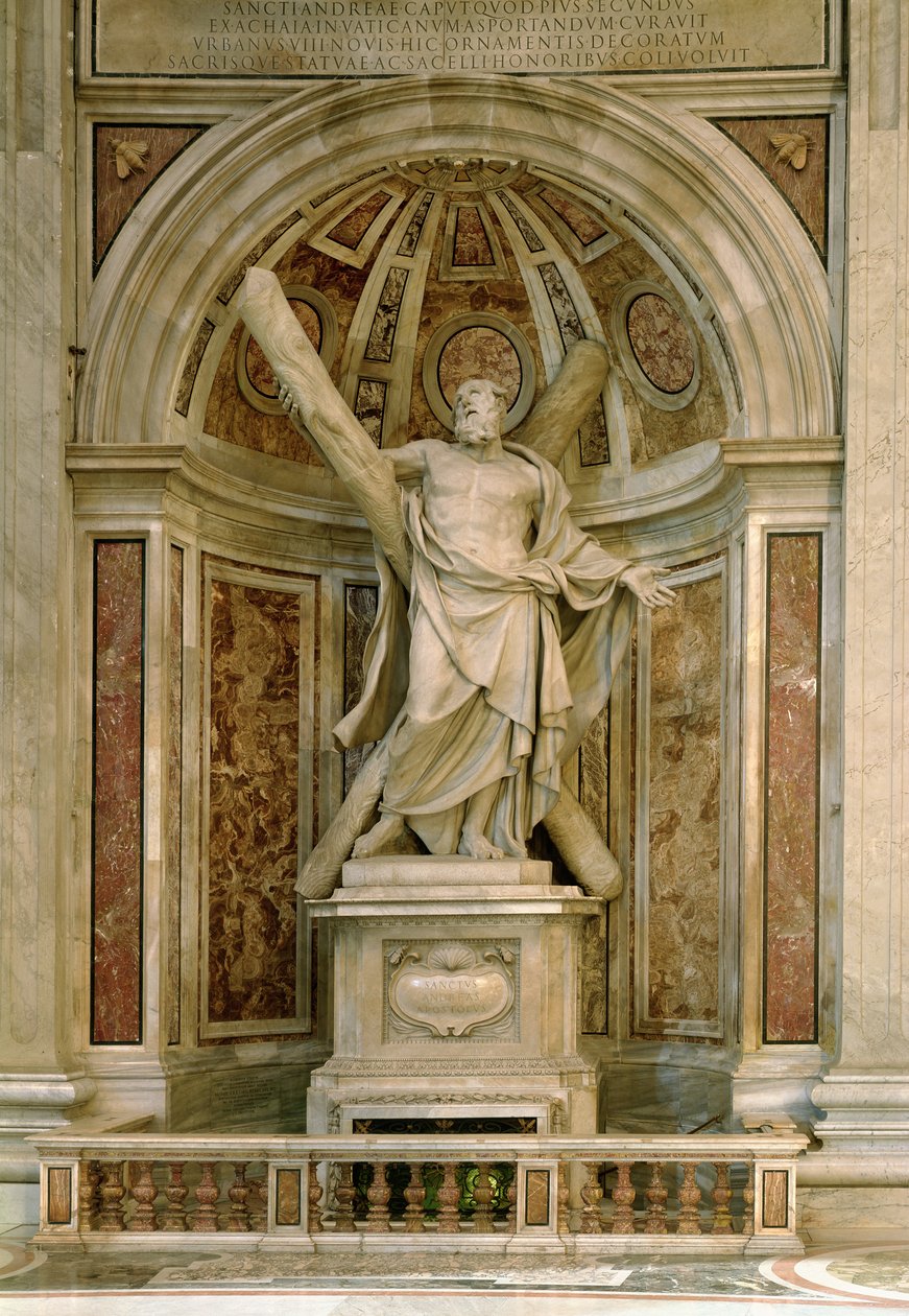 Staty av Sankt Andreas, vid basen av de fyra pelarna som bär kupolen, 1629-40 av Francois Duquesnoy