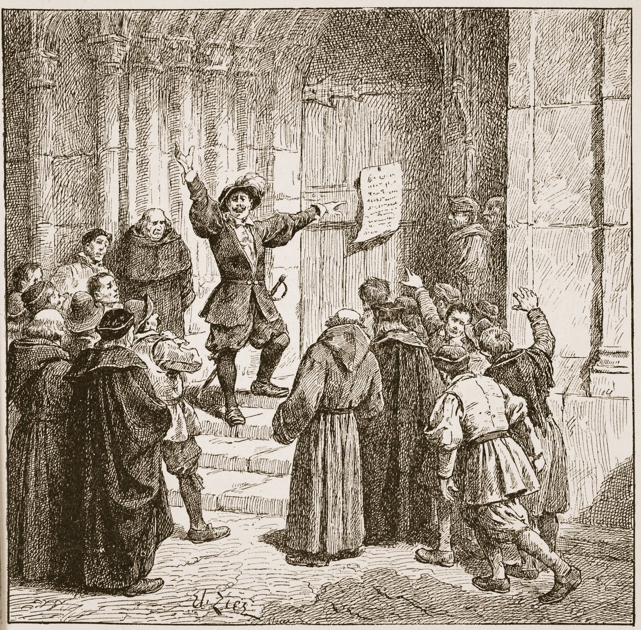 Aske fäster sin proklamation på dörren till York Cathedral, illustration från 