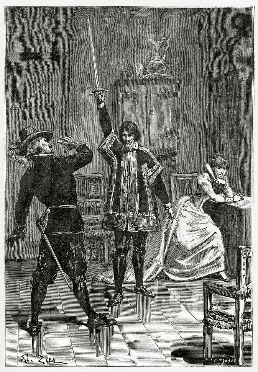 Ruy Blas konfronterar Don Salluste, 1800-talet (bw gravyr) av Francois Edouard Zier