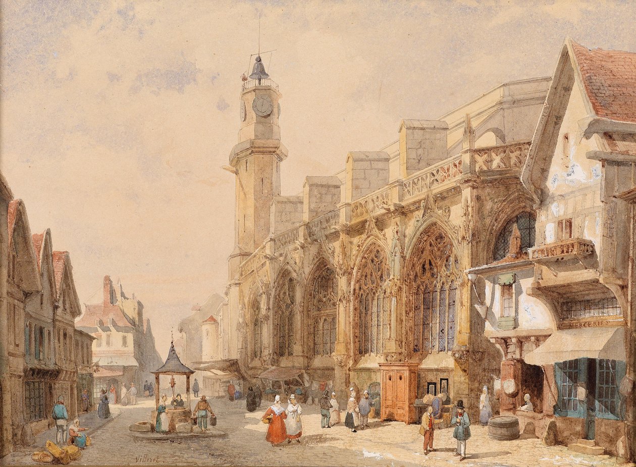 Fransk bygata med en katedral av Francois Etienne Villeret