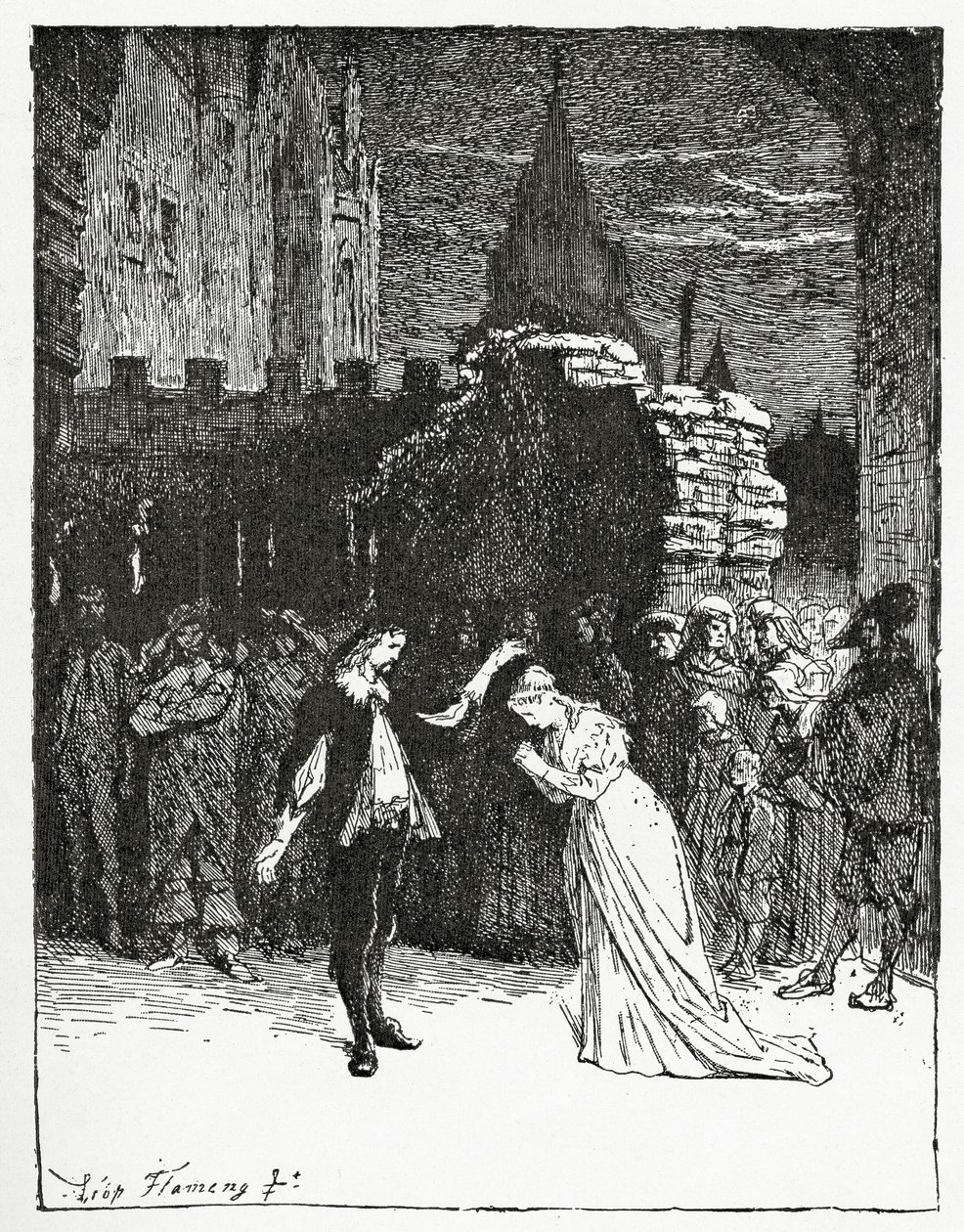 Didier tar farväl av Marion de Lorme, 1800-talet (bw-gravyr) av Francois Flameng