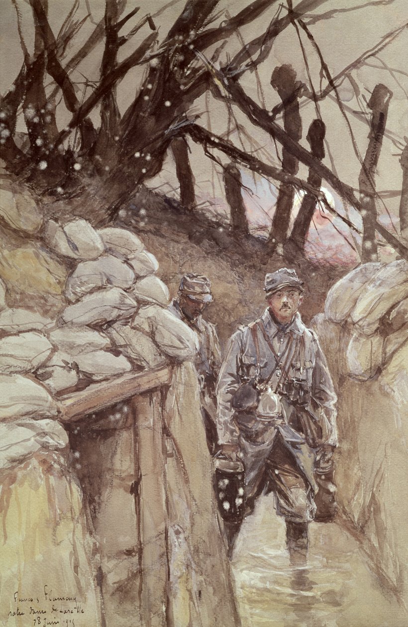 Infanterister i en skyttegrav, Notre-Dame de Lorette, 1915 av Francois Flameng