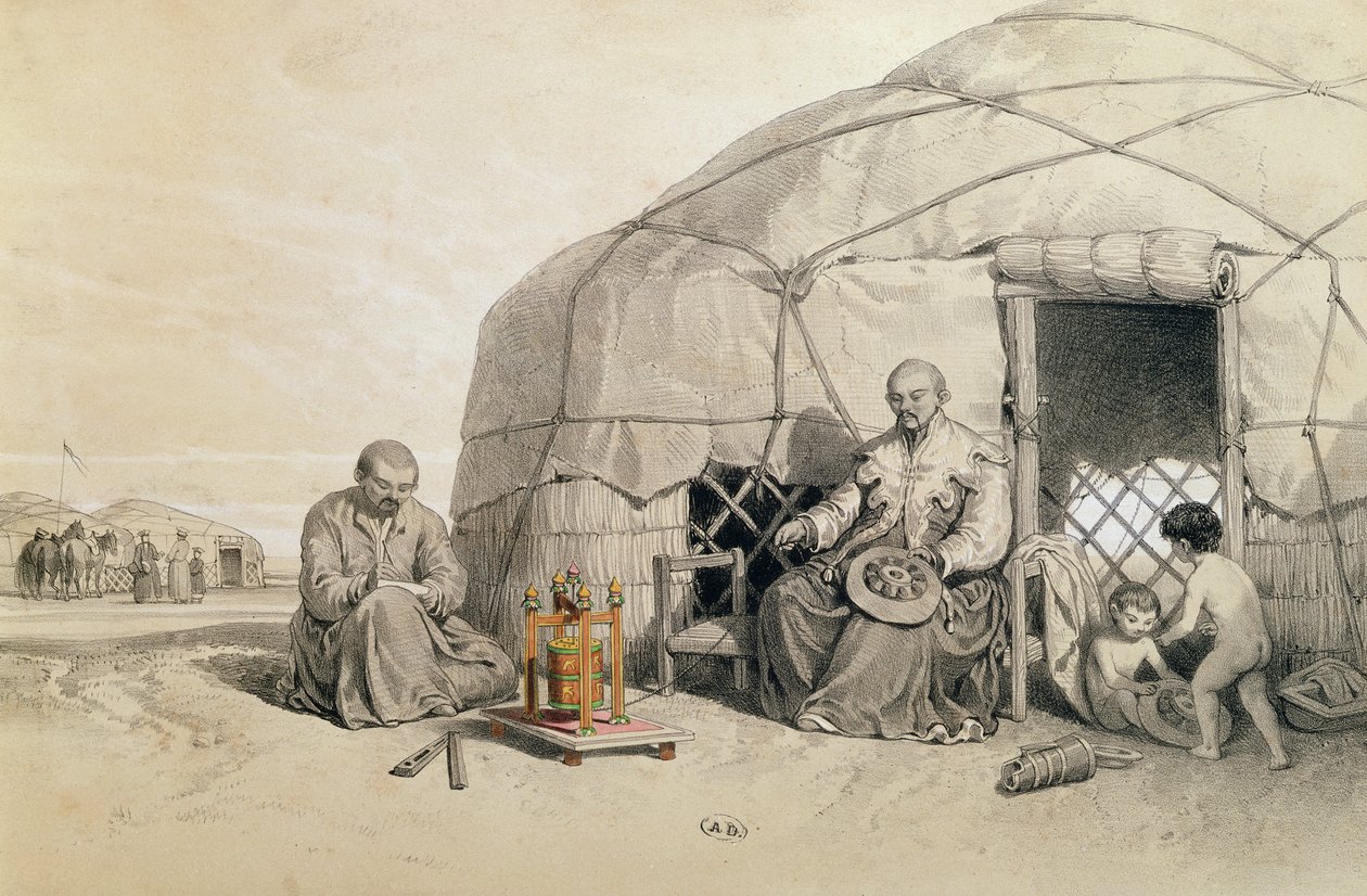 Kalmuks with a Prayer Wheel, Sibirien, illustration från 