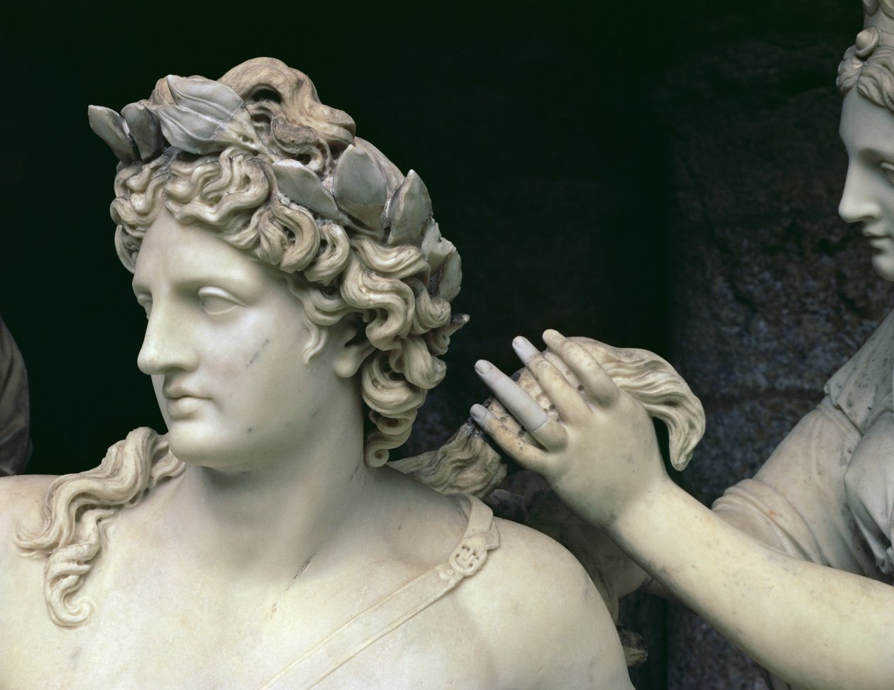 Apollo Tended by the Nymphs, detalj som visar Apollons huvud, avsett för Thetis-grottan, avrättad med hjälp av Thomas Regnaudin 1622-1706 1666-75 marmordetalj av 89799 av Francois Girardon