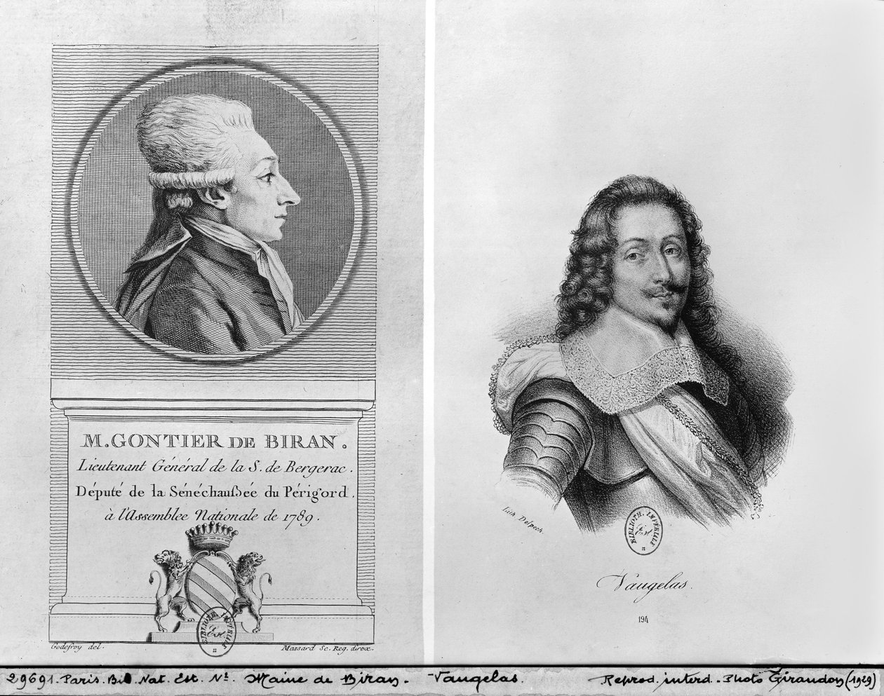Porträtt av Marie Francois Gontier de Biran känd som Maine de Biran (1766-1824), Porträtt av Claude Favre de Vaugelas (1585-1650) graverad av Francois Seraphin Delpech (1778-1825) och Massard (19:e) ( av Adrien Pierre Francois Godefroy