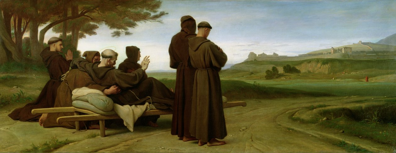 St. Franciskus av Assisi, medan han bärs till sin sista viloplats i Saint-Marie-des-Anges, välsignar staden Assisi 1226, 1853 av Francois Leon Benouville