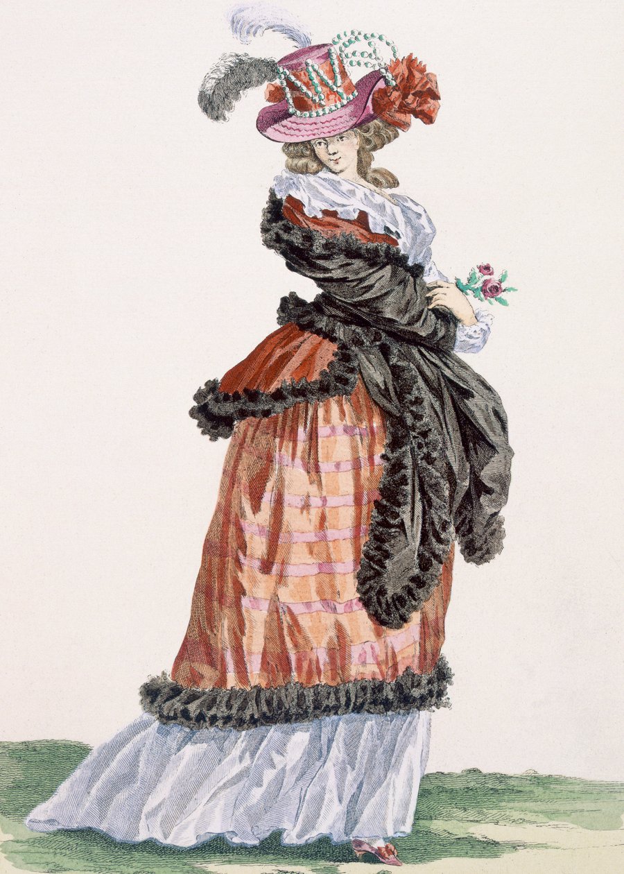 Dam som njuter av luften på Champs Elysees, graverad av Papin, illustration från "Galeries des Modes", 1780 av Francois Louis Joseph Watteau