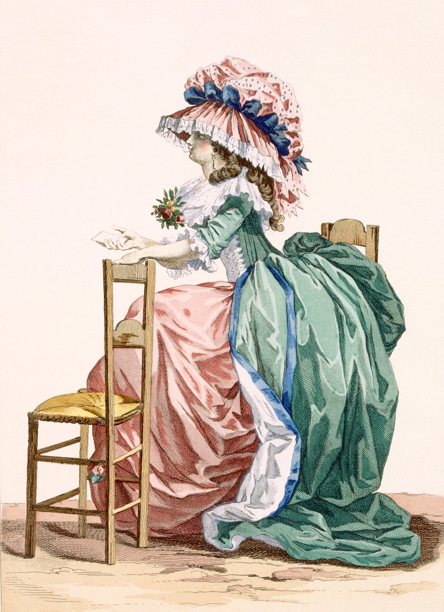 Damen sitter lutad på en stol, graverad av Bacquoy, platta 203 från "Galeries des Modes et Costumes Francais", ca 1778-87 99:kläder; traditionell klädsel; traditionell dräkt; mode av Francois Louis Joseph Watteau