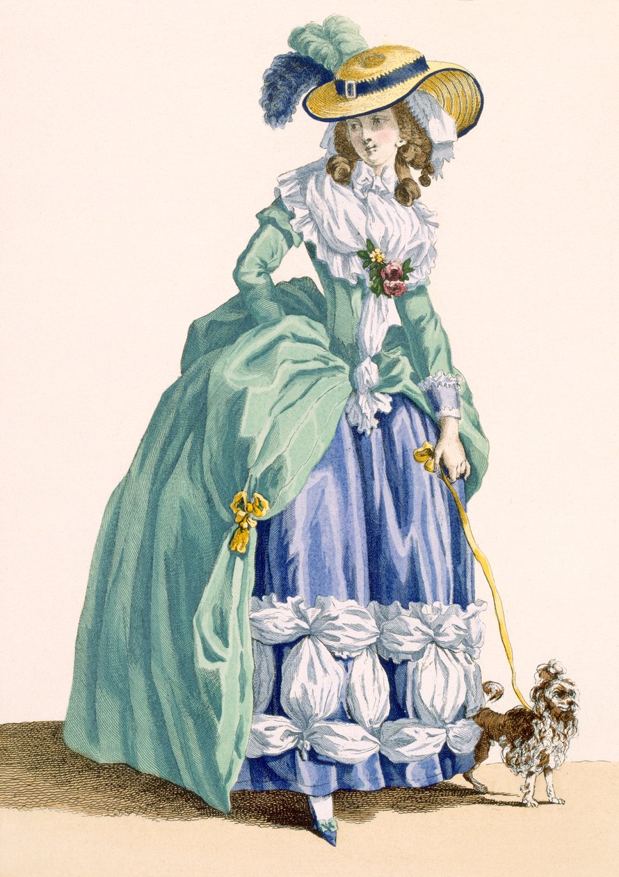 Dam som går med sin hund, graverad av Dupin, platta nr 190 från "Galeries des Modes et Costumes Francais", ca 1778-87 99:kläder; klädsel; traditionell klädsel; traditionell dräkt; mode; illustrationer av Francois Louis Joseph Watteau