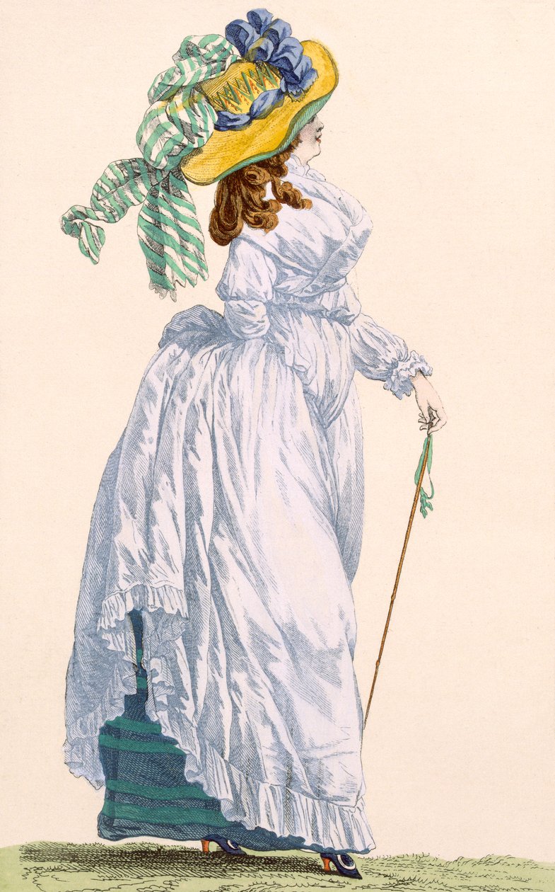 Himmelblå promenadklänning med grön underkjol, graverad av Le Beau, platta nr 252 från "Galeries des Modes et Costumes Francais", ca 1778-87 99:kläder; traditionell klädsel; traditionell klädsel; traditi av Francois Louis Joseph Watteau