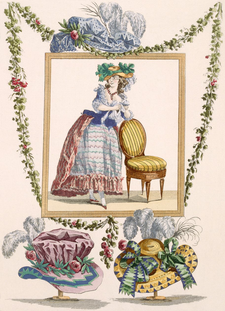 Kvinna i elegant dagklänning med hatt, gravyr av Duhamel, platta nr 235 från "Galeries des Modes et Costumes Francais", ca 1778-87 av Francois Louis Joseph Watteau