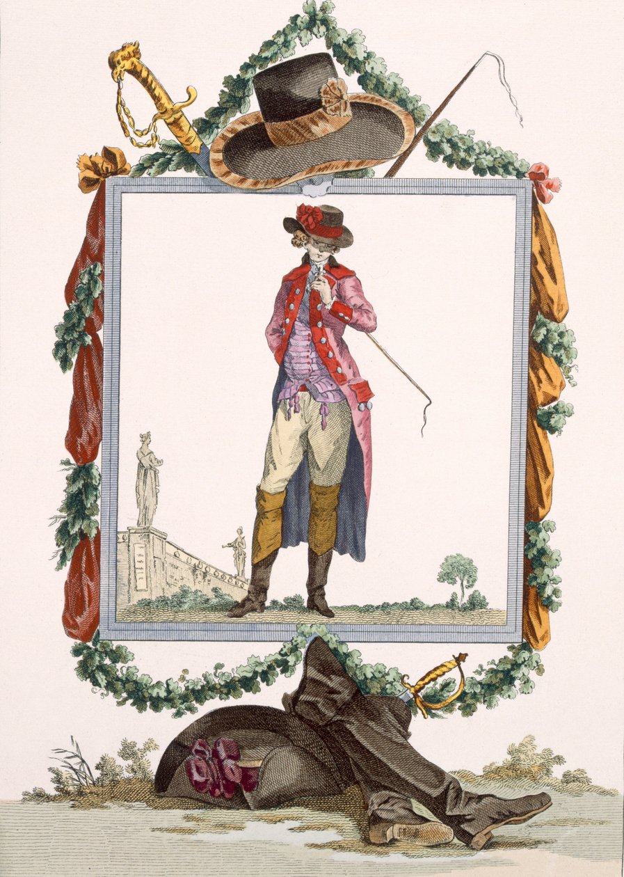 Ung elegant hovman i Palais Royal, graverad av Duhamel, platta nr 233 från "Galeries des Modes et Costumes Francais", ca 1778-87. av Francois Louis Joseph Watteau