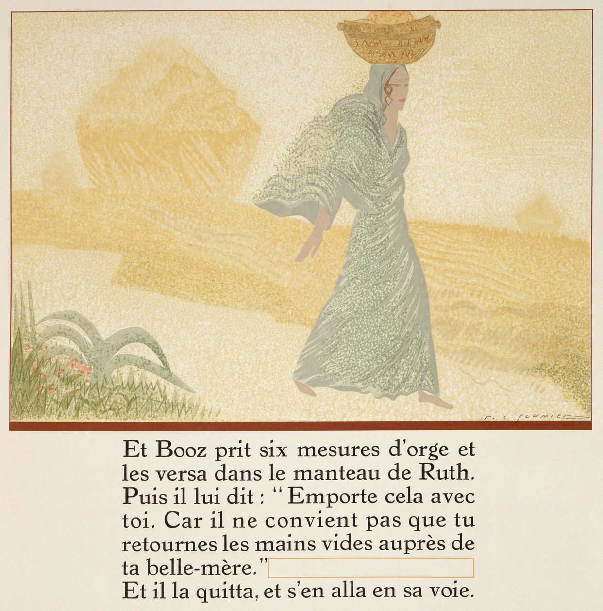 Boaz gav Rut sex mått korn att ta med sig till sin svärmor, från "Ruth et Booz", översatt av J.C. Mardrus, publicerad 1930. av Francois Louis Schmied