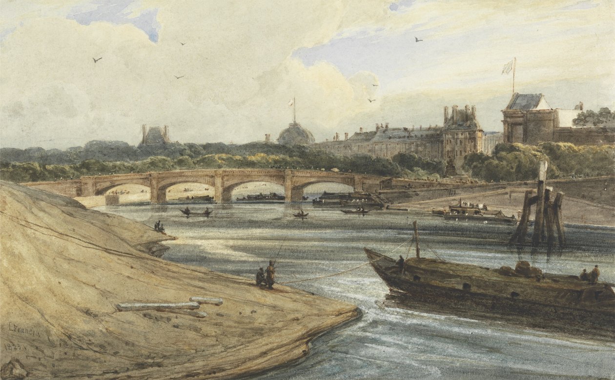 Pont de la Concorde och Palais des Tuileries från Cours la Reine, 1823 (wc över penna och kroppsfärg på papper) av Francois Louis Thomas Francia